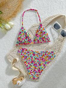 Bộ đồ bơi cho bé gái tuổi teen, kiểu dáng thường ngày, dễ thương, in họa tiết hoa ngẫu nhiên, chất liệu vải dệt kim, áo yếm điều chỉnh được và quần tam giác, 2 món, có thể mặc hai mặt, thích hợp cho mùa hè, đi biển, hồ bơi, tiệc tùng và kỳ nghỉ. - Nhiều màu - Xem 5