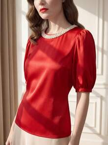 Suri Mira 夏季新款时尚甜美设计串珠圆领短袖休闲泡泡袖女式衬衫 - 紅色 - 查看 5