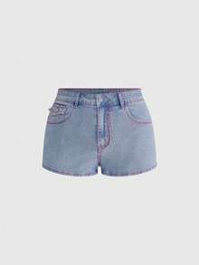ROMWE Y2K Summer Versatile Streetwear Inspired Pink Accent Line Design High Stretch Fabric Plus Size Women Skinny Denim Mini Shorts - Baby Blue - View 2
