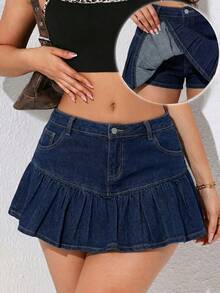 SHEIN Tall Women's Y2K High Waist Denim Skort Dark Blue Pleated Summer Casual Outfit For Party Streetwear Women's High Waist Pocketed Ruffle Hem Casual Denim Skirt Shorts - Dark Wash - View 1