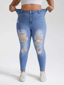 SHEIN PETITE CURVE Quần jeans nữ cỡ lớn PETITE CURVE mùa hè 2026, kiểu dáng thường ngày, thoải mái, chất liệu co giãn tốt, màu xanh rách nhẹ, ôm sát, gợi cảm. - Màu xanh lam - Xem 3