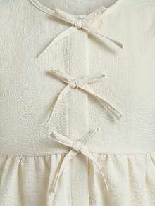 SHEIN 少女休闲日常度假纹理蝴蝶结前襟衬衫 - 杏色 - 查看 6