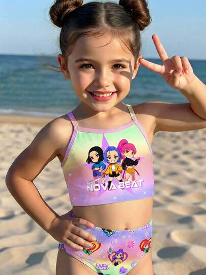 SHEIN Kleine Mädchen Lässig Minimalistischer figurbetonter Trägerhemd & Dreieck Bikini Badeanzug Set, geeignet für den Sommer