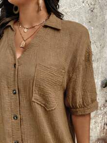 SHEIN Holidaya Plus Size Women Solid Color Drop Shoulder Single-Breasted Casual Shirt Dress Linen Outfits For Women Linen Dress For Women Casual Outfit For Women Dress - Brown - View 6