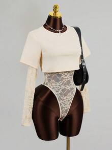 BamGleam 女士长袖性感蕾丝连体衣 - 米色 - 查看 5