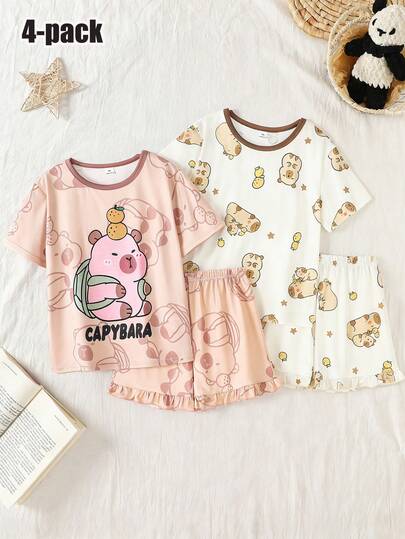 Bộ 4 món đồ mặc nhà và ngủ cho bé gái, cổ tròn, tay ngắn, màu mơ và kaki, kiểu dáng thoải mái, dễ thương, có bèo nhún ở gấu.