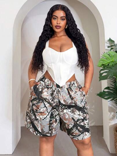 Slaydiva 2026春夏新款音乐节、复活节、西部风、游牧风、生日派对、毕业典礼、校园风、学生装、日常休闲、百搭、休闲、邮轮旅行、海滩、日光浴、爆款、街头风、早午餐、机场、派对及假日大码女式工装短裤，带口袋和树枝印花，绿色