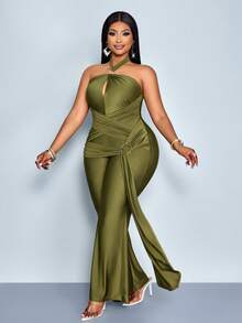 大码女式优雅纯色露背褶皱系带束腰连体裤，新款春夏连体裤，休闲连体裤，通勤连体裤。 - 軍綠色 - 查看 1