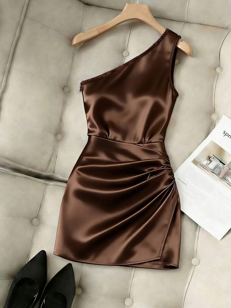 Franclia Đầm nữ màu nâu cà phê thanh lịch, xếp ly, trễ vai, kiểu dáng thường ngày, đầm mùa hè, trang phục mùa xuân, đầm trễ vai, đầm thanh lịch, đầm màu cà phê, đầm màu nâu, chân váy ngắn xếp ly. - Cà phê nâu - Xem 1