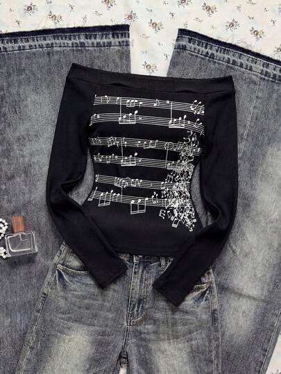 SHEIN 少女复古露肩长袖上衣，儿童笔记印花修身T恤，时尚百搭，条纹复古Y2K风格，质感面料，休闲百搭，姐妹礼物，适合返校季穿着，节日礼物，春、夏、秋季皆宜