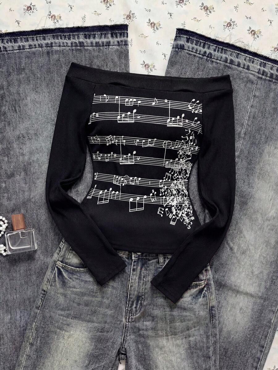 SHEIN 少女复古露肩长袖上衣，儿童笔记印花修身T恤，时尚百搭，条纹复古Y2K风格，质感面料，休闲百搭，姐妹礼物，适合返校季穿着，节日礼物，春、夏、秋季皆宜 - 黑色 - 查看 1