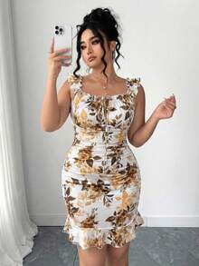 Elenzga Plus Size Women's Spring & Summer Vacation Floral Print Dual-Color Pleated Flare Sleeve Ruffle Hem Tie-Front Bodycon Mini Dress - Yellow - View 3