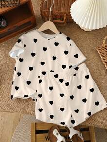 2pcs Tween Girls Casual Minimalist Short Sleeve Shorts Set, Classic Heart Polka Dot Print, Suitable For Summer Zoey Outfit Cute Tops Heart Pattern Clothes Cute Tops For Teen Girl Heart Print Top - Multicolor - View 3