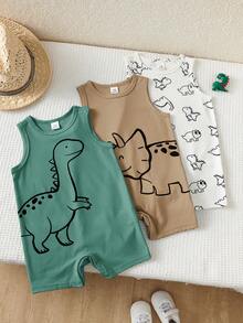 SHEIN Bộ 3 món áo liền quần không tay họa tiết hoạt hình sọc dễ thương cho bé trai sơ sinh mùa hè - Nhiều màu - Xem 2