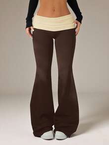 SHEIN PETITE Quần ống loe xếp ly cạp gập phối màu tương phản dành cho nữ, kiểu dáng thường ngày. - Nhiều màu - Xem 7