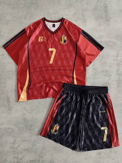 ROMWE MEN Street Life Men's V-Neck Short Sleeve Contrast Color Casual T-Shirt Set, Summer