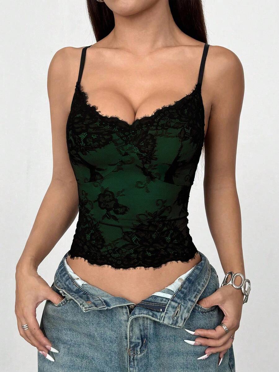 Rina Fox 法式性感蕾丝撞色露背吊带背心女式印花T恤女式上衣 - 綠色 - 查看 1
