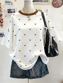 Lalippa New Women's Fashion Casual Versatile Heart Contrast Color Round Neck Oversized Drop Shoulder T-Shirt - Multicolor - View 1