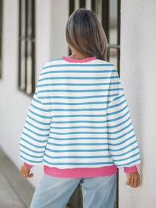 Wildy Áo sweatshirt nữ dáng rộng, cổ tròn, tay dài, họa tiết tối giản, màu xanh trắng kẻ sọc, phong cách thường ngày. - Nhiều màu - Xem 2