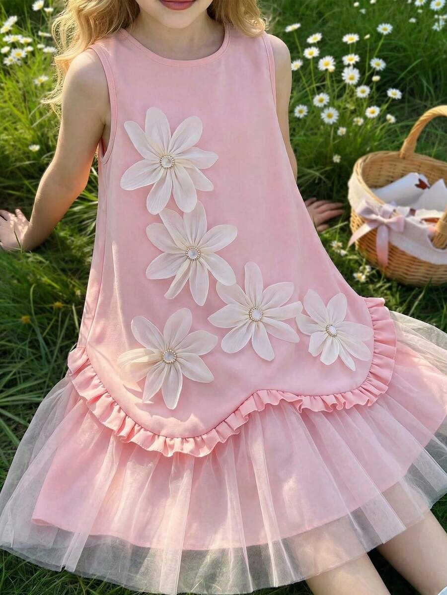 Đầm liền thân ngọt ngào, thanh lịch và ôm dáng cho bé gái tuổi teen, màu xanh nhạt, cổ tròn, không tay, điểm xuyết 5 họa tiết hoa 3D, viền ren và phần lưới xếp ly, dài đến đầu gối, hoàn hảo cho mặc hàng ngày và đi mua sắm. Đầm dự tiệc cho trẻ em, đầm dự đám cưới cho bé gái, đầm hồng cho bé gái, đầm dự tiệc cưới cho bé gái. - Hồng - Xem 1