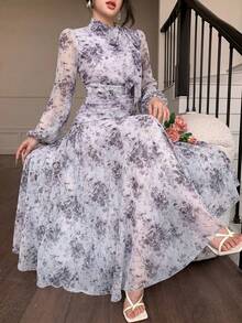 Modelyn 女士紫色系带领褶皱腰身连衣裙，适合春秋季户外穿着 - 紫色 - 查看 5
