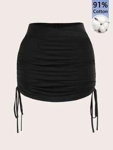 SHEIN EZwear 女士纯色简约日常系带腰裙 - 黑色 - 查看 4