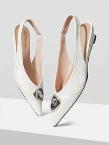 MOTF PREMIUM WOMEN'S ELEGANT DAILY SLINGBACK COMMUTE METAL DECOR WEDGE LOAFERS FOR CHRISTMAS SPRING SHOES - White - View 2