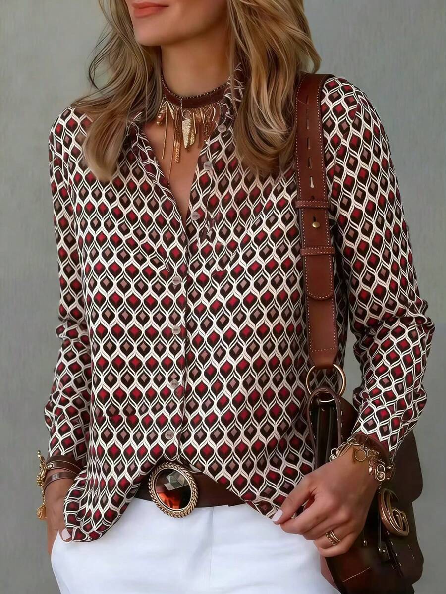 LUMIGAL Allover Geo Print Button Front Long Sleeves Shirt,Long Sleeve Tops Fall Cloth For Women - Multicolor - View 1