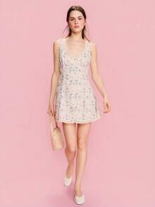 lacRébo Đầm ngắn màu trắng thêu họa tiết hoa xanh, cổ chữ V, chân váy xòe, kiểu dáng dễ thương, thích hợp cho mùa xuân hè, đi nghỉ mát, phong cách Pháp, Paris. - trắng - Xem 3