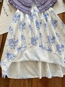 SHEIN Đầm casual cho bé gái màu hồng in hoa, cổ Peter Pan, thích hợp mặc đi nghỉ mát mùa hè. - Màu tím hoa cà - Xem 7