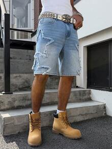 Manfinity EMRG Men's American Hip Hop Streetwear Star Patch Distressed Loose Wide Leg Denim Shorts - Light Wash - View 5