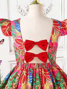 SHEIN 少女碎花印花露背蝴蝶结设计短袖收腰连衣裙 - 彩色 - 查看 4