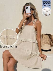 SHEIN Frenchy 女士休闲简约蕾丝边吊带短裙，适合度假 - 杏色 - 查看 2