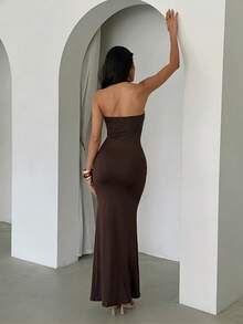 Aloruh 新款春夏女装，女士优雅性感金属扣装饰镂空修身棕色针织弹力连衣裙派对礼服，长款商务休闲优雅连衣裙，适合拍照、性感时尚风格和下午茶场合。 - 棕色 - 查看 7