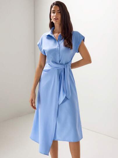 Briarwyn 女士休闲通勤纯色收腰连衣裙，夏季