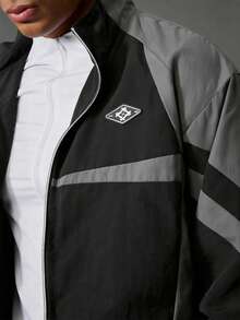 Acti Log Men's Stand Collar Patchwork Casual Sports Jacket, Versatile Small Logo Sporty Comfortable Jacket, Street Fashion Item - Black - View 6