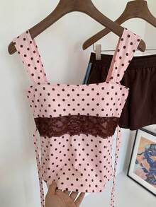 Comfortcana 2026春夏新款时尚女装浅粉色撞色蕾丝波点印花无袖上衣，适合夏季、圣诞节、新年及各种场合，也可作为派对、海滩、休闲度假波点衬衫穿着。 - 淺粉色 - 查看 4