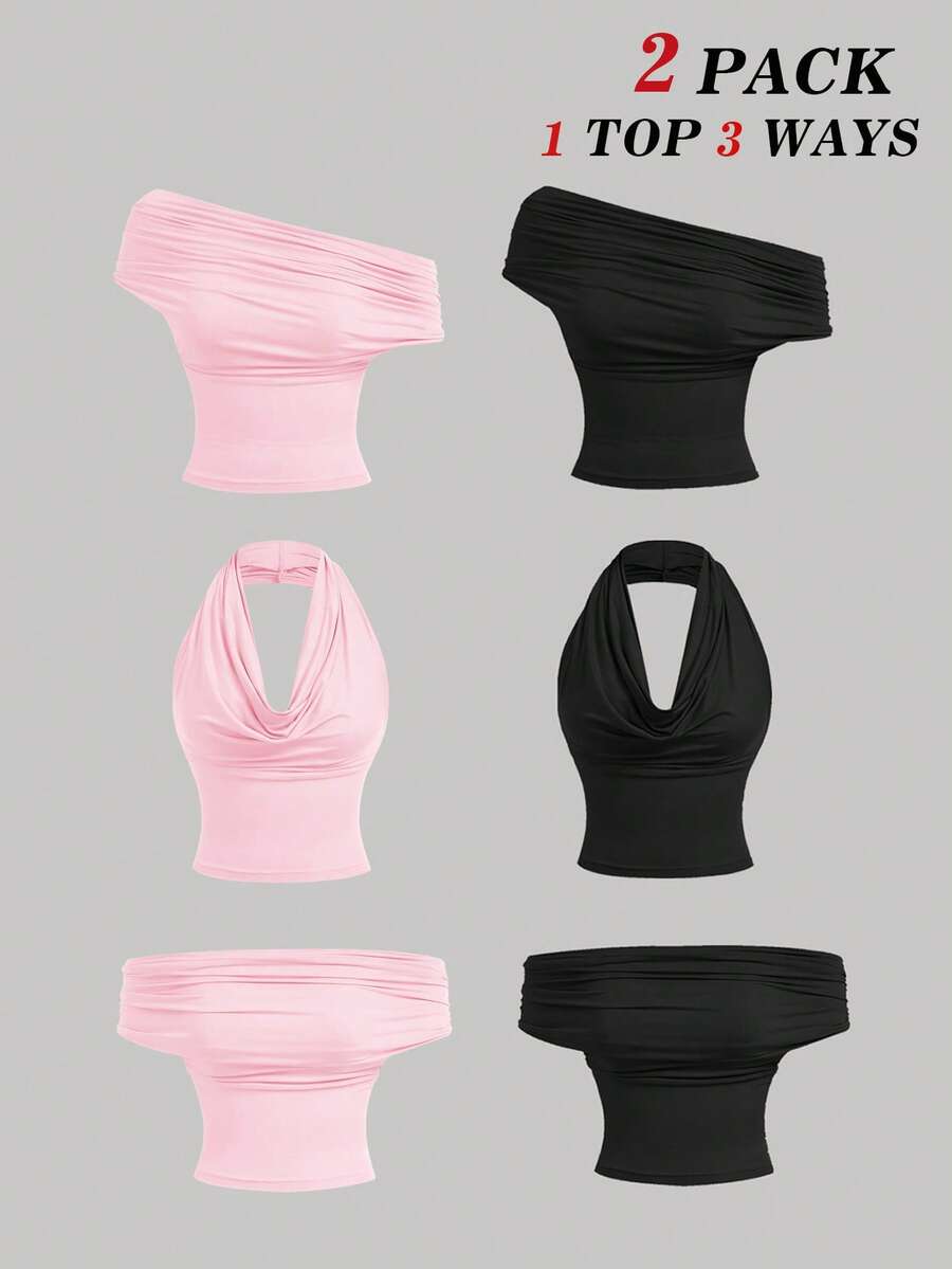 SHEIN MOD 2pcs/Set 3-Way Wear Women's Casual Solid Color Slim Fit Top,C,Summer Top - Multicolor - View 1