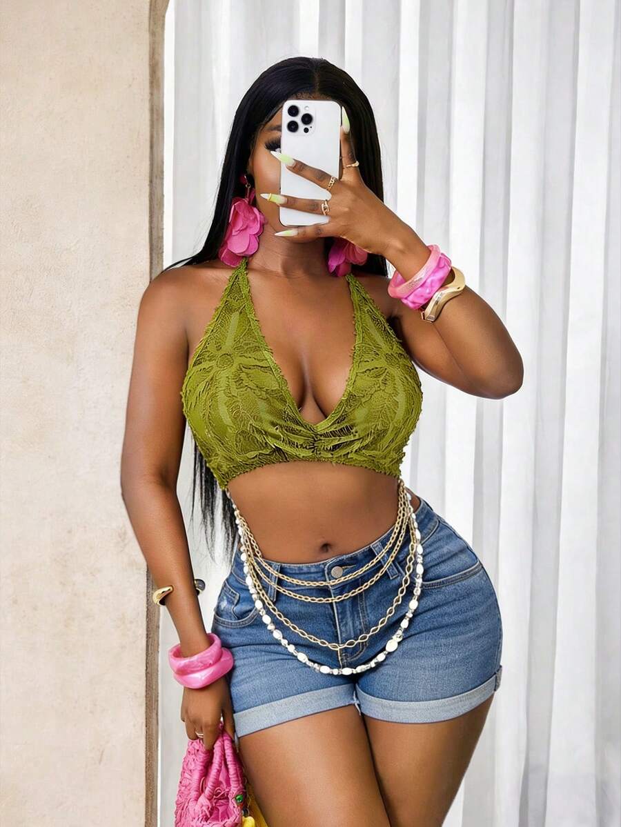 BamGleam Blusa de unicolor con escote halter y espalda descubierta, sexy y versátil para citas y salidas - Verde - Ver 1