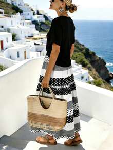 Balvessa Women's A-Line Polka Dot Patchwork Skirt - Black and White - View 2