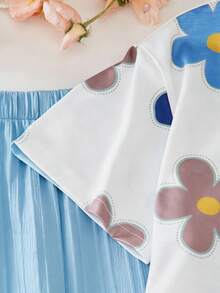 Set de 2 piezas de camiseta con estampado floral y pantalones de pierna ancha de textura de cintura alta para niñas - Azul - Ver 3