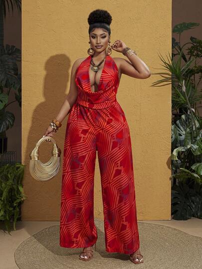 Maweii Plus Size Women's Retro Draped Neck Ombre Red Backless Jumpsuit, Pants For Holiday Party