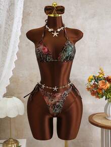 Bonvoyette 1 Set Green Leopard Print Leopard Print Sexy Triangle Bikini With Mesh Skirt 3 PiecesSwimsuit Beach Summer - Multicolor - View 6