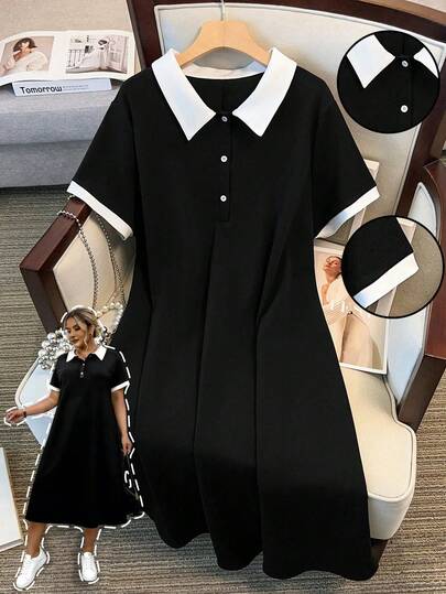 GlowEve CURVE 大码女式黑白拼色休闲衬衫领连衣裙