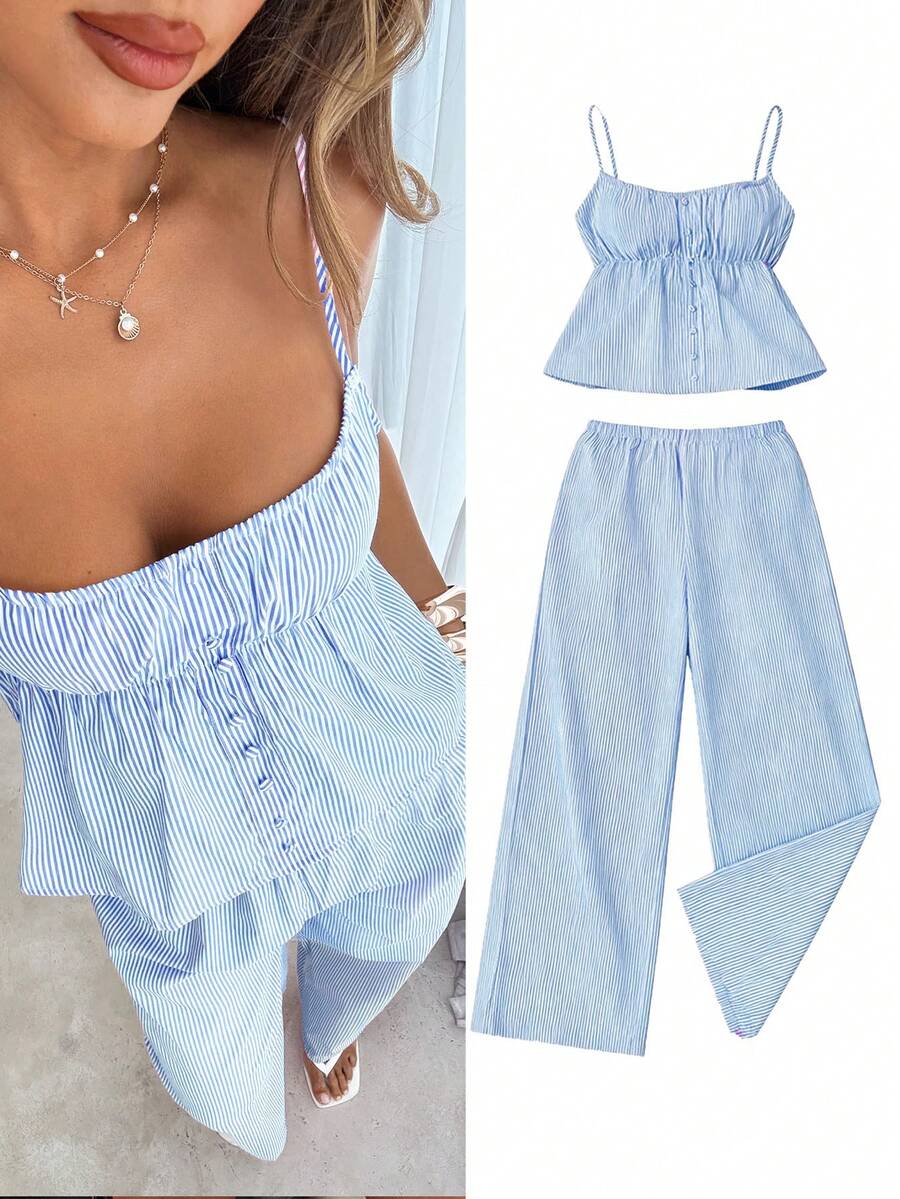 Siren Gaze Bộ đồ nữ thường ngày kẻ sọc gồm áo hai dây và quần dài, thích hợp cho mùa hè. - Xanh và trắng - Xem 1