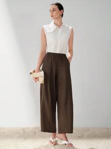 Aveloria Modichic 新款欧美风春夏时尚百搭人字纹面料宽松优雅休闲直筒裤 - 咖啡棕 - 查看 7