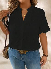 Momelise Plus Size Summer Casual Solid Color Hollow Out Embroidery Notched Neck Short Sleeve Shirt - Black - View 5