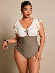 Elaquor Plus Size Colorblock Starfish Decor One-Piece Swimsuit, Vacation & Beach Summer - Multicolor - View 4