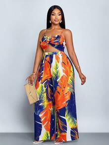 SOLERSUN 女士加大码优雅休闲无袖黑白印花扭结阔腿连体裤，配细肩带，春夏款 - 橘色 - 查看 4