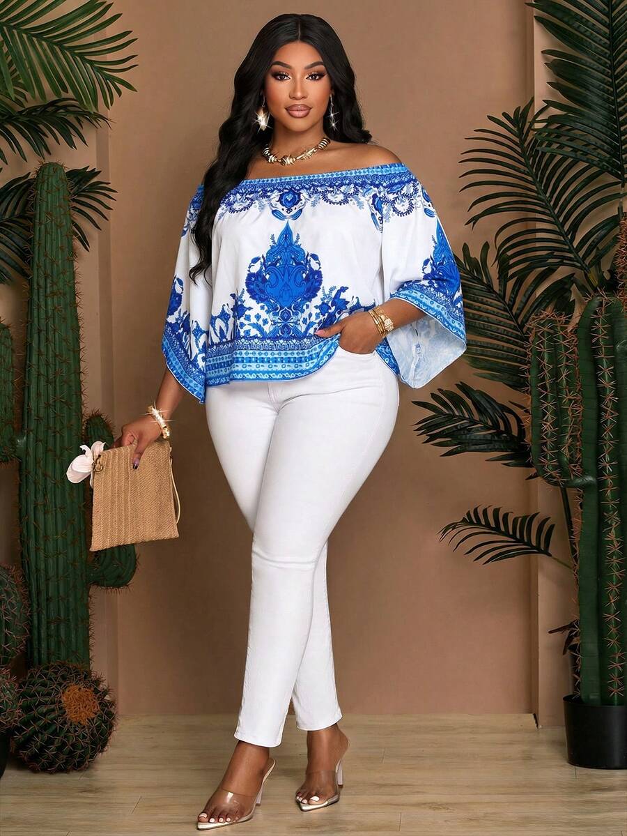 SOLERSUN 大码女装时尚度假宽松休闲印花春夏新款露肩上衣，单肩纯色上衣，适合日常通勤和度假，轻奢休闲衬衫，圣帕特里克节、复活节、音乐节、四叶草、街头风格、海滩度假、野餐、日常通勤时尚百搭衬衫，西式风格、波西米亚风格，端庄优雅，飘逸动感，端庄得体。 - 藍色 - 查看 1